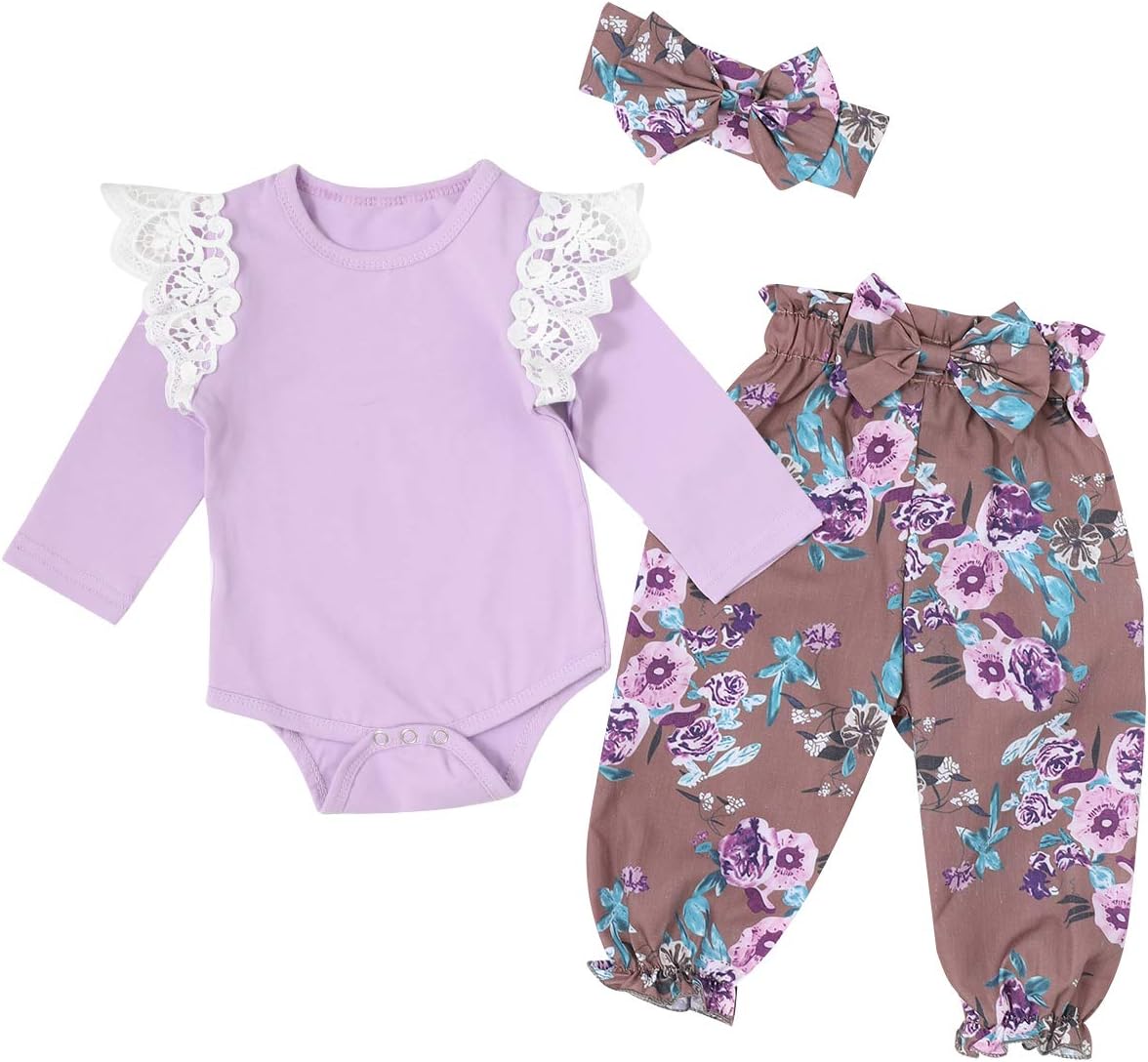 3PCS Newborn Baby Girl Clothes, Romper + Long Pants + Headband Outfits Set