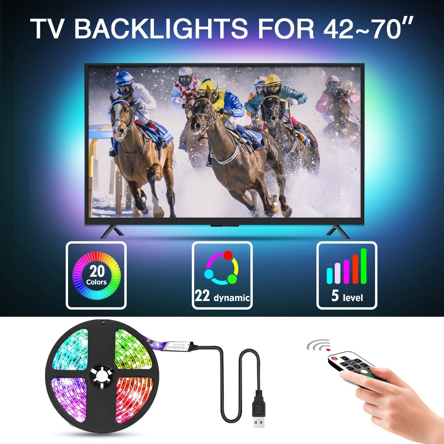 aijiaer TV LED Backlights, 9.8ft LED Strip Lights with Remote, USB Powered, Multicolor - Image 3