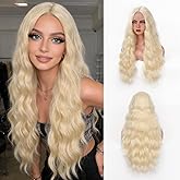 Aida ble Long Wavy Blonde Wig for Women 28 Inch Middle Part Wavy Curly Wig Natural Looking Heat Resistant Fiber Synthetic Wig for Daily Party Halloween Cosplay Use