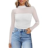 Womens Sexy Mesh Long Sleeve Shirts Fashion Clothing Turtle Necks Sheer Ruched Going Out Tops Fall Outfits Slim Fit Blouses