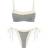 ZAFUL Bikini Sets for Women Plaid Ruffles Trim Swimsuit Sexy Tie Back Bowknot Triangle High Cut Tie Side Thong Bathing Suit