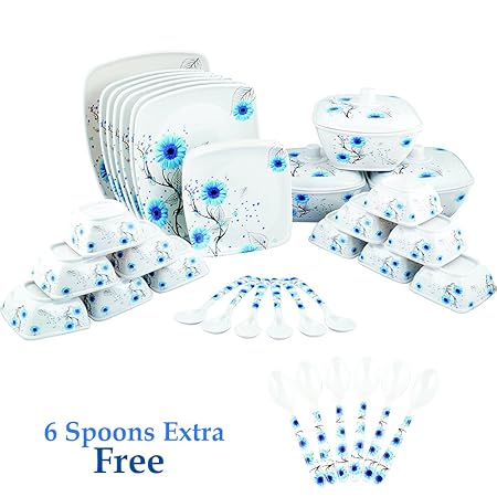 Maharaja Royal Melamine Dinner Set of 40,Services for 6,White and Blue + 6 Spoon Set (Free).