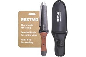 RESTMO Professional Hori Hori Garden Knife with Sheath, Heavy Duty High-Strength Stainless Steel Blade & Dual-Tip Weeding Des