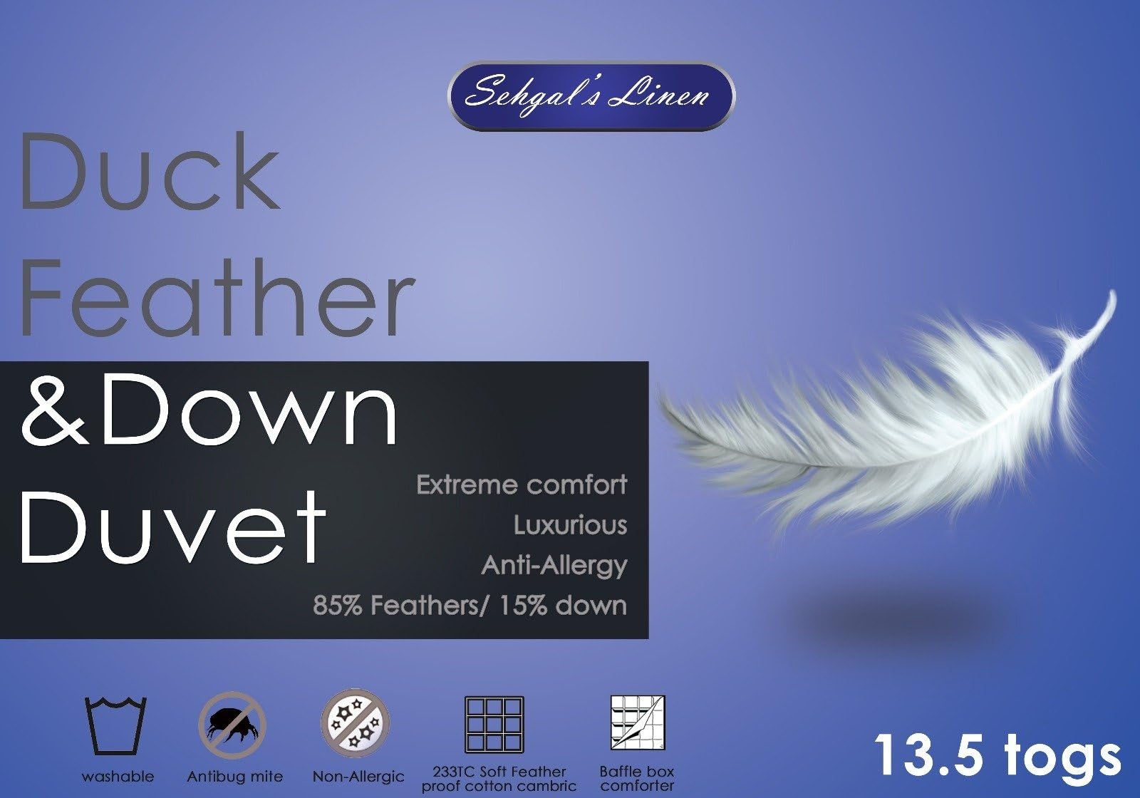 Sehgal Linen Luxurious Duck Feather and Down Duvet - 13.5 Togs 100% Cotton Cover - Box Baffle Construction (Super King (260 x 220cm))