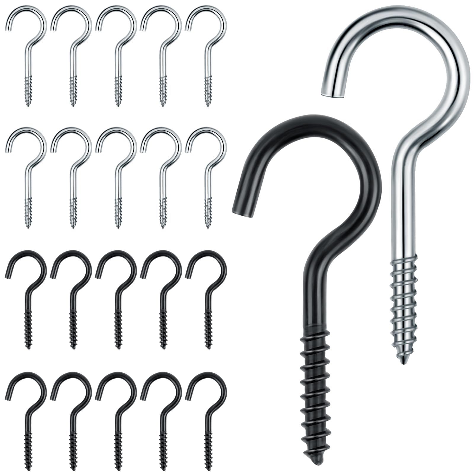 AiQInu Screw Hooks 40 mm, 20 Pieces Stainless Steel Screw Hooks for Lamps Keys Tea Cups and Other Ornaments (Black, Silver)