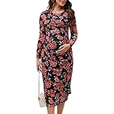 MARI GABRIEL Women Maternity Dress Floral Mesh Ruched Bodycon Wedding Guest Fall Long Sleeve Pregnancy Dresses