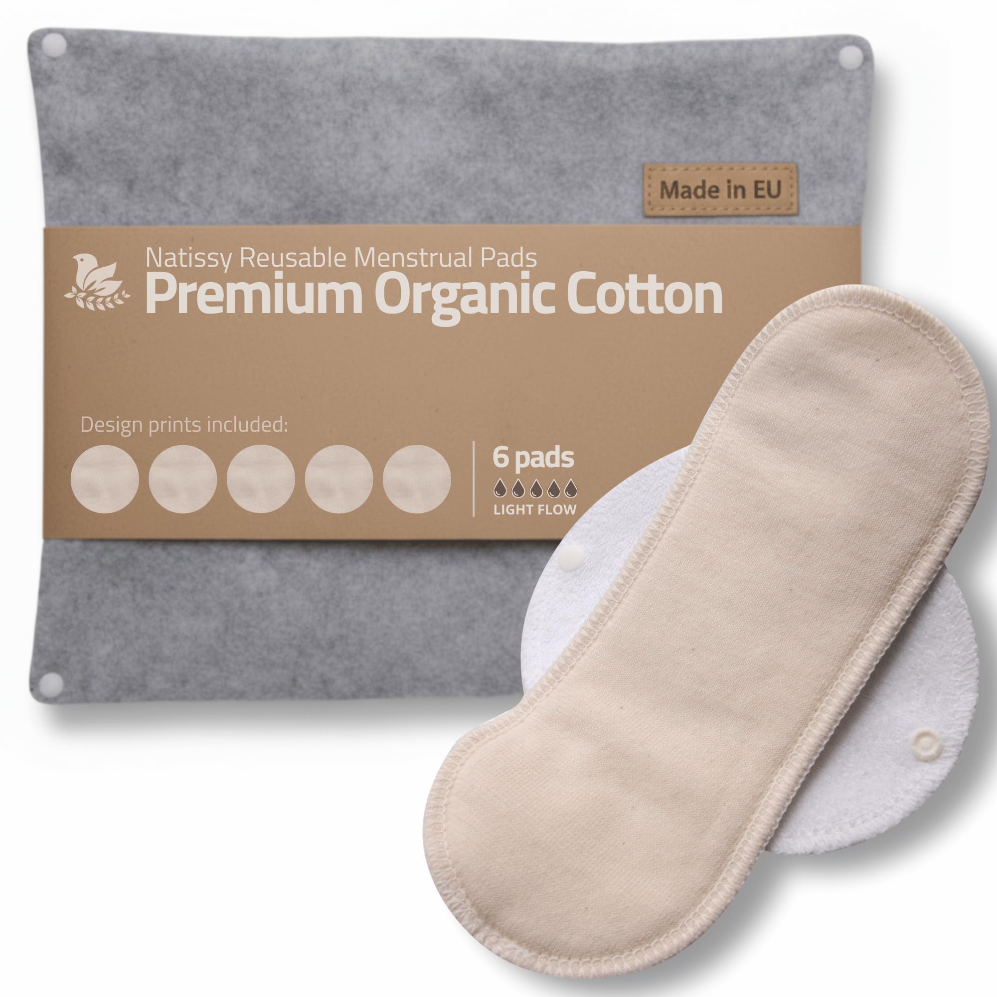 Made in EU – Reusable Sanitary Pads for Light Flow (6 Pack, S+M) – High-Temp Washable, Durable Cloth Period Pads for Women & Teens – Breathable Organic Cotton & Secure-Fit for Menstrual Comfort
