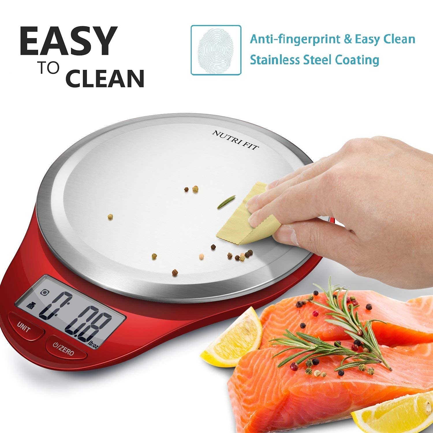 Food Scale, NUTRI FIT Kitchen Scales Digital Weight Grams and Ounces Large Stainless Steel Platform for Baking Cooking Weight Loss, High Accuracy Bread Coffee Scale, 1g Increment Tare Function, Red