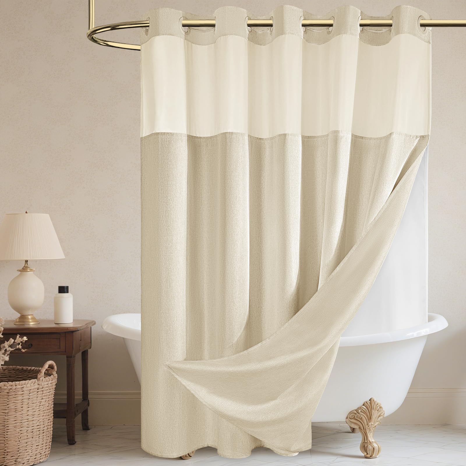WONICY No Hook Shower Curtain and Liner, Linen-Look Polyester Textured Shower Curtain with Snap in Liner, Waterproof & Washable Bath Curtains for Bathroom, 71Wx74H - Beige/Cream Image