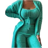 breaise Women's Fuzzy 3 Piece Loungewear Open Front Cardigan Crop Tank Tops and Pants Cozy Warm Fleece Lounge Sets