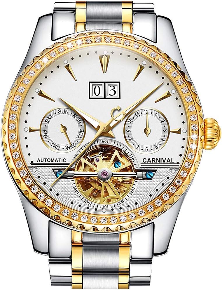 PASOY Men's Watch Automatic Mechanical Tourbillon Stainless Stell Date Blue Dial Diamond Watches
