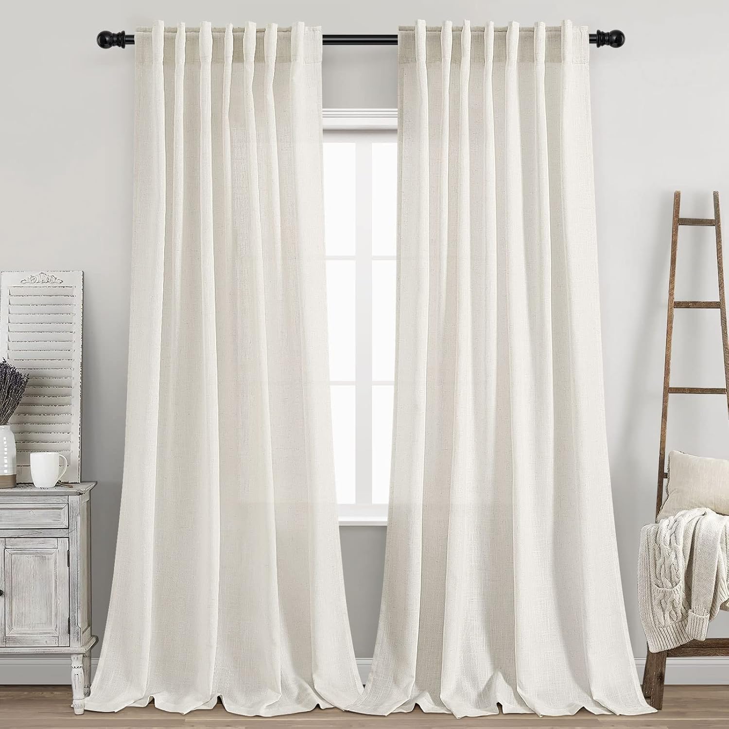 Window Treatments - Cream Natural Linen Curtains 90 Inch Length 2 Panels Set for Living Room Rod Pocket Back Tab Pinch Pleated Window Curtain Drapes Neutral Rustic Farmhouse Decor Ivory Dining Room Curtain 90 inches Long