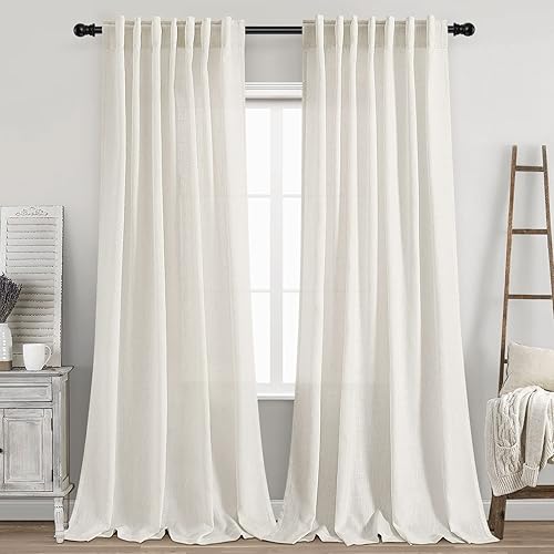 Back Tab Linen Curtains 96 inches Long 2 Panels Set for Living Room Sliding Glass Door Ivory Cream Semi Sheer Curtains Light Filtering Canvas Cloth Linen Drapes 96 inch Floor to Ceiling Length