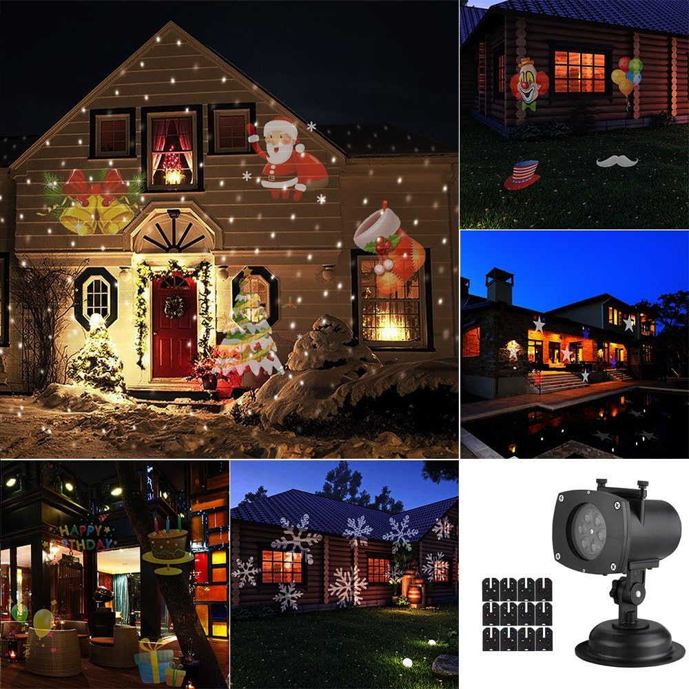 CoCoMall™Christmas Decorations Indoor outdoor Projector LED Lights 12 PCS Color Switchable Patterns Xmas Auto Rotating Landscape Projection LED Snowflake Spotlight