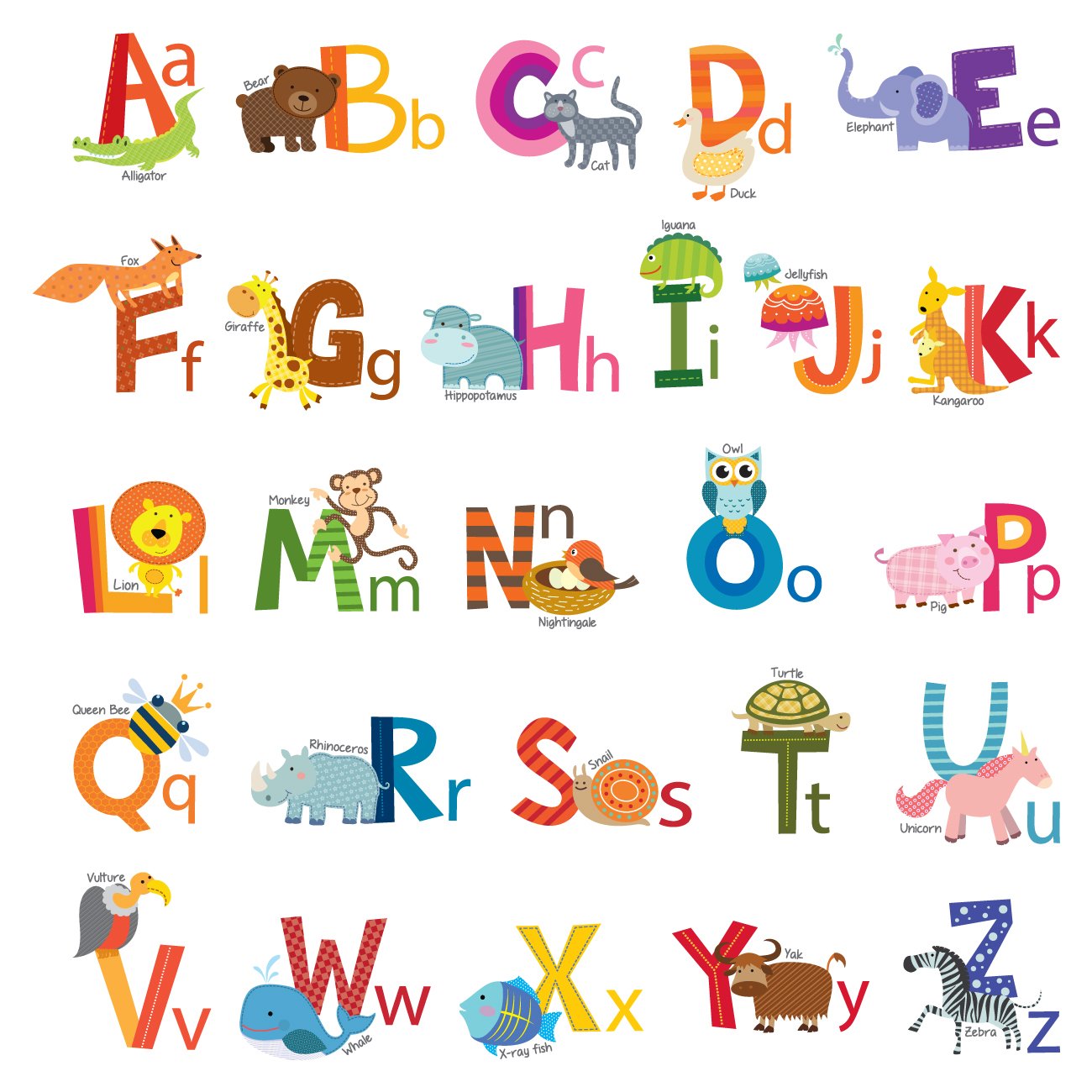 DECOWALL DS4-8002 Animal Alphabet (Small) Kids Wall Stickers Decals Peel and Stick Removable for Nursery Bedroom Living Room Art murals Decorations