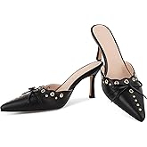 SaraIris Women's Black Mules Heels Pointed Toe Studded Slingback High Heel