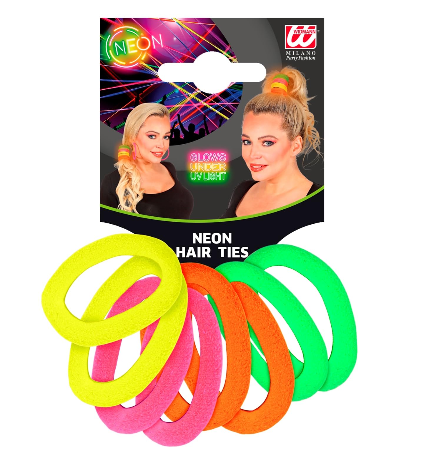 W WIDMANN MILANO Party Fashion 01976 – Set of Hair Bobbles, Multicoloured in Neon Tones, Costume, Accessory, Carnival, Theme Party
