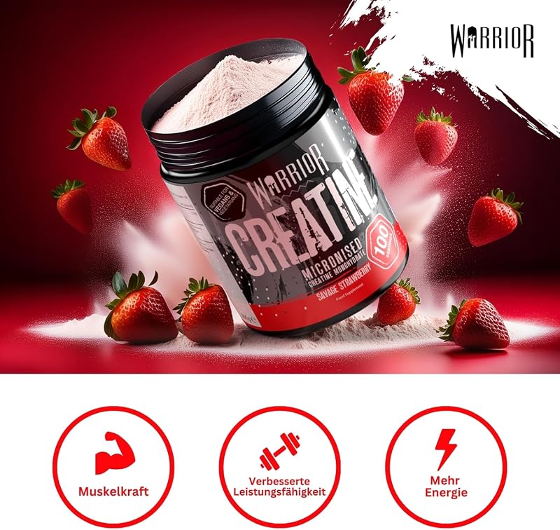 Creatin Monohydrat Pulver 500 g, Kreatin Vegan – Wilde Erdbeer 3 g pro Portion, 150 Portionen, mikronisiert, angenehmer Geschmack, laborgeprüft, für Kraft, Muskelaufbau & Ausdauer