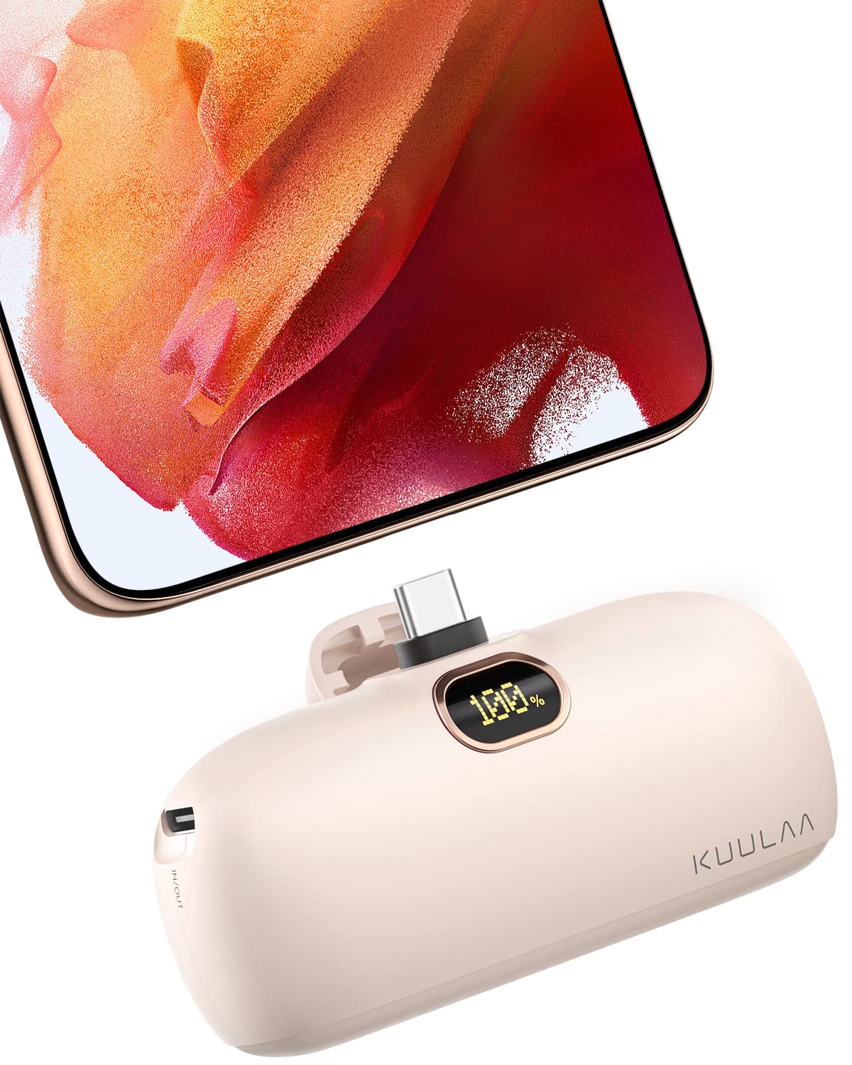 Photo 1 of Kuulaa Portable Charger USB C with Built-in USB-C Plug, 5000mAh PD20W Fast Charging Power Bank, LCD Digital Display Battery Pack for iPhone 15/16,Samsung S22/S23 & Android (Pink)
