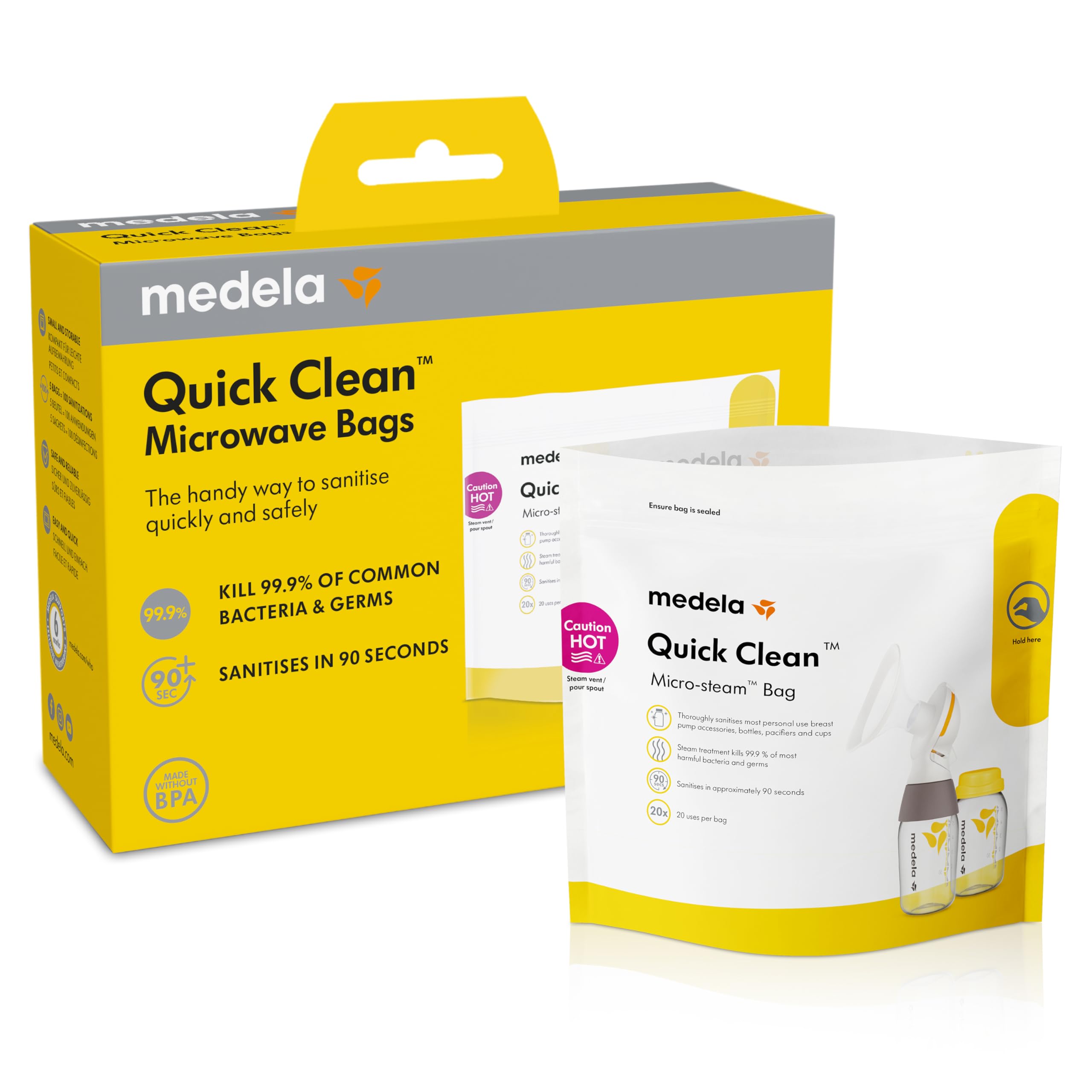 Medela Quick Clean MicroSteam and Sterllising Microwave Bags for Bottles, Breast Pump & Parts | Eliminates 99.9 of Common Bacteria Germs, 5 Count