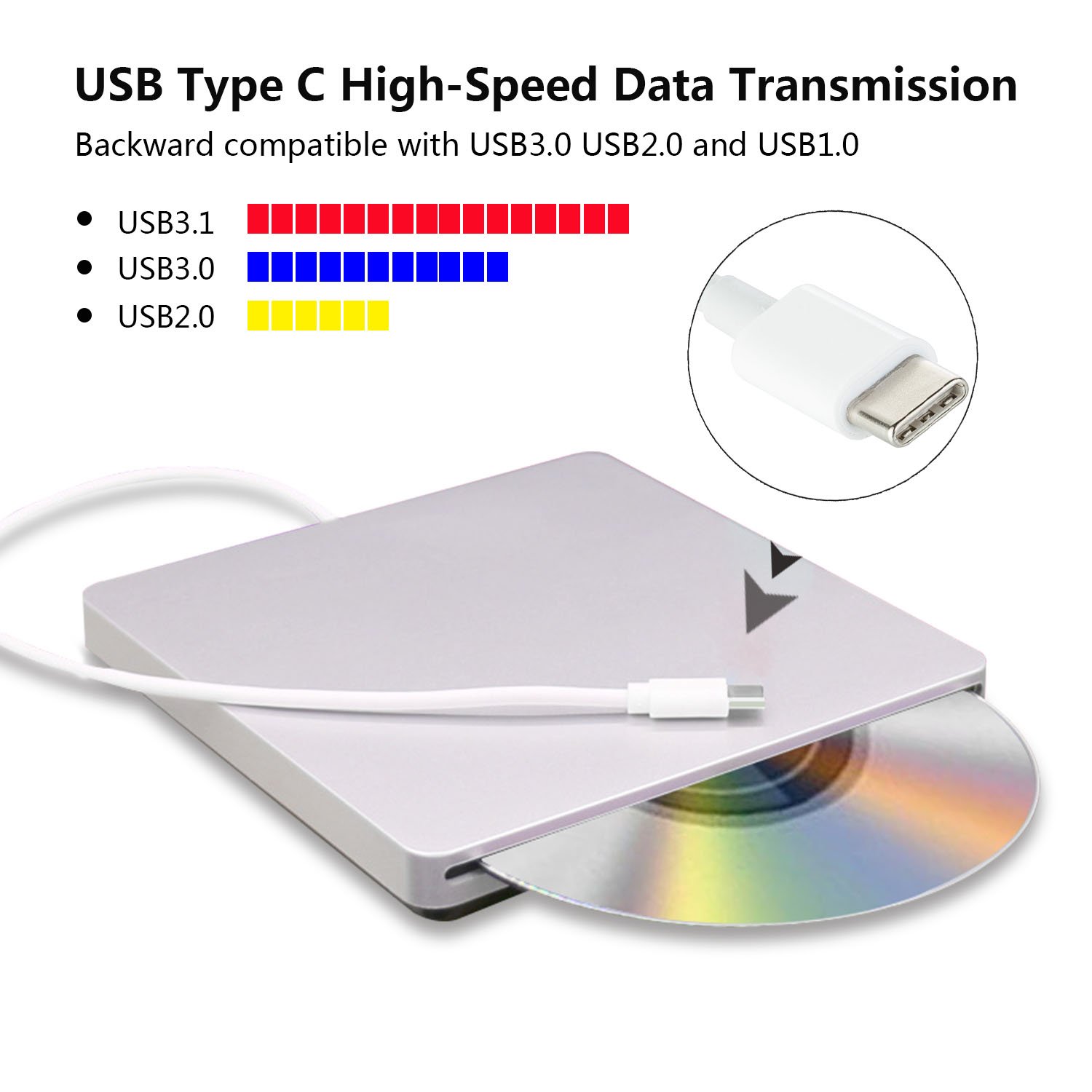 tengertang Type-C Super External Drive,USB Portable External DVD/CD Drive Burner/Reader/Rewriter for The Latest MacBook/MacBook Pro/ASUS/DELL Latitude with USB-C Port (Silver.)