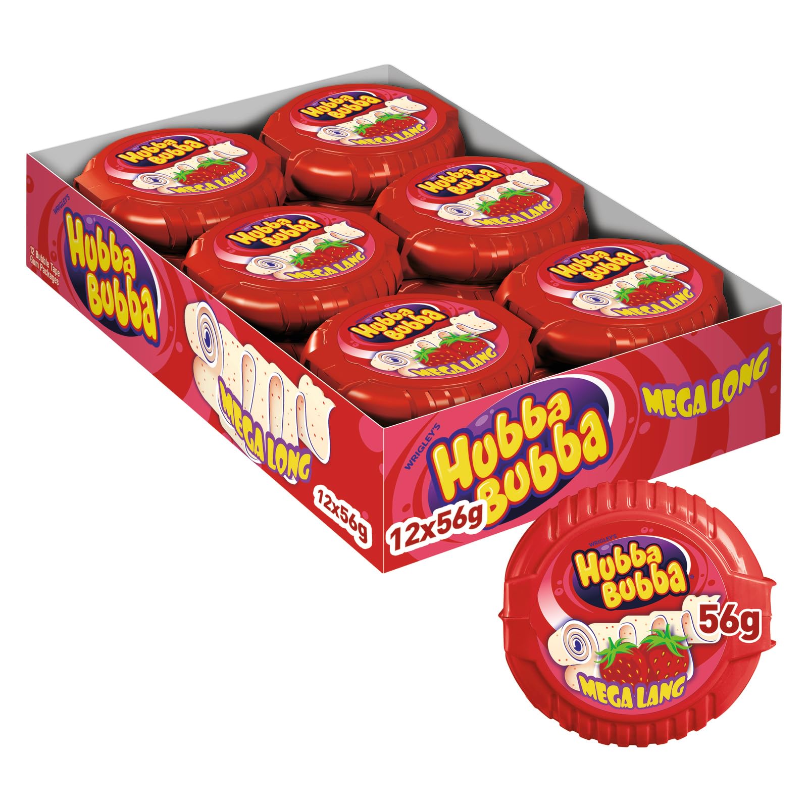 Hubba Bubba Chewing Gum, Snappy Strawberry, Mega Long Tape, 12 Packs of 180 cm