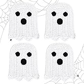 Whaline 4Pcs Halloween Ghost Coasters Handmade Crochet Drink Coasters Woven Fabric Cup Mat for Home Kitchen Party Table Decor