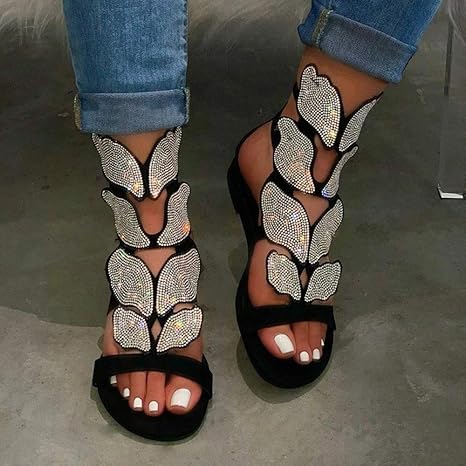 Amazon Co Jp 女性の夏のウェッジファッションサンダルスパンコールで装飾された女性の快適なサンダルで快適な中空パターンの靴 デート ショッピング 黒 37 ホーム キッチン