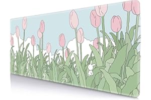 Kawaii Pink Flowers Mouse Pad, Nature Mousepad Cute, Minimalistic Desk Mat, Bunny Anime Desk Pad, Extra Large Mouse Pad, 31.5