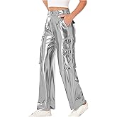 Women's Shiny Metallic Cargo Wide Leg Pants Party Club Hip Hop Wear Casual Slacks Pant