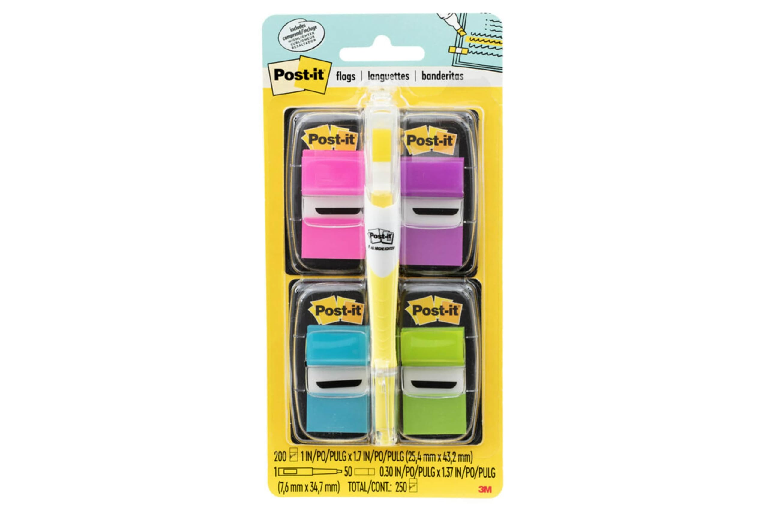 Post-it Flags Value Pack, 50/Dispenser, 4 Dispensers/Pack, 1 in Wide, Assorted Bright Colors, Includes Free Flags + Highlighter (680-PPBGVA) (Pack of 12) Image
