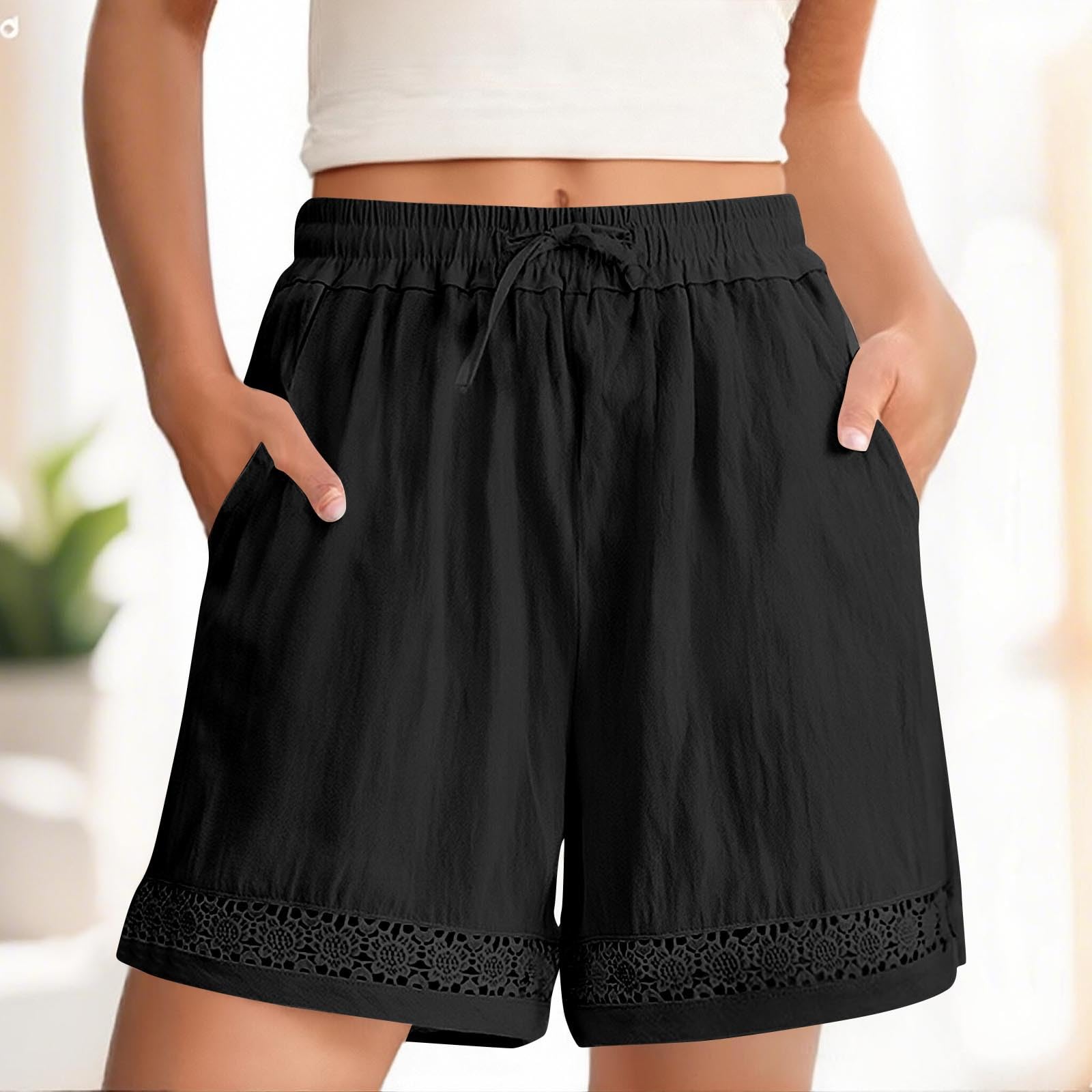 Womens Linen Shorts UK 2026 Fashion Lace Elastic Waist Comfy Shorts Ladies Drawstring Short Pants with Pockets Elastic Waist Beach Bottoms Comfortable Pajama Boxer Sleepwear Tummy Control Short Pants