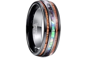 Vakki 6mm/8mm Tungsten Rings for Men Hawaiian Koa Wood Inlay Dome Abalone Shell/Blue Center Wedding Bands Comfort Fit Size 4 to 17