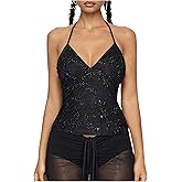 SHENHE Women's Halter Top Sparkly Glitter V Neck Party Crop Tops Club Rave Festival Outfits