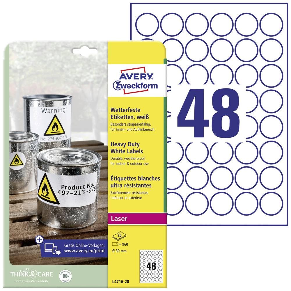 AVERY Zweckform Weatherproof Film Labels (960 White Round Stickers, Ø30mm, Permanent Adhesive, Waterproof, Durable, Printable)