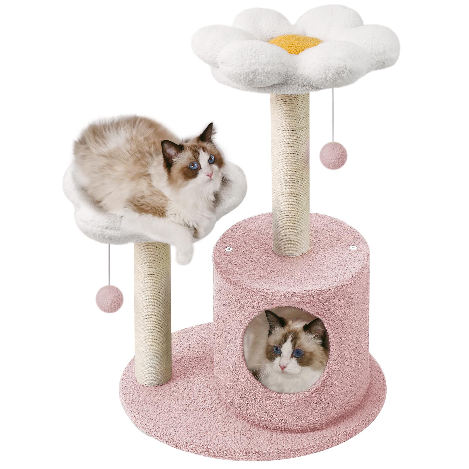 Photo 1 of Flower Cat Tree with Sisal Scratching Post, Small Cat Tower with 2 Flower Perch, 31.5" Pink Cat Tree Cute with Fluffy Balls & Condo, Small Cat Tree for Indoor Cats, Pink