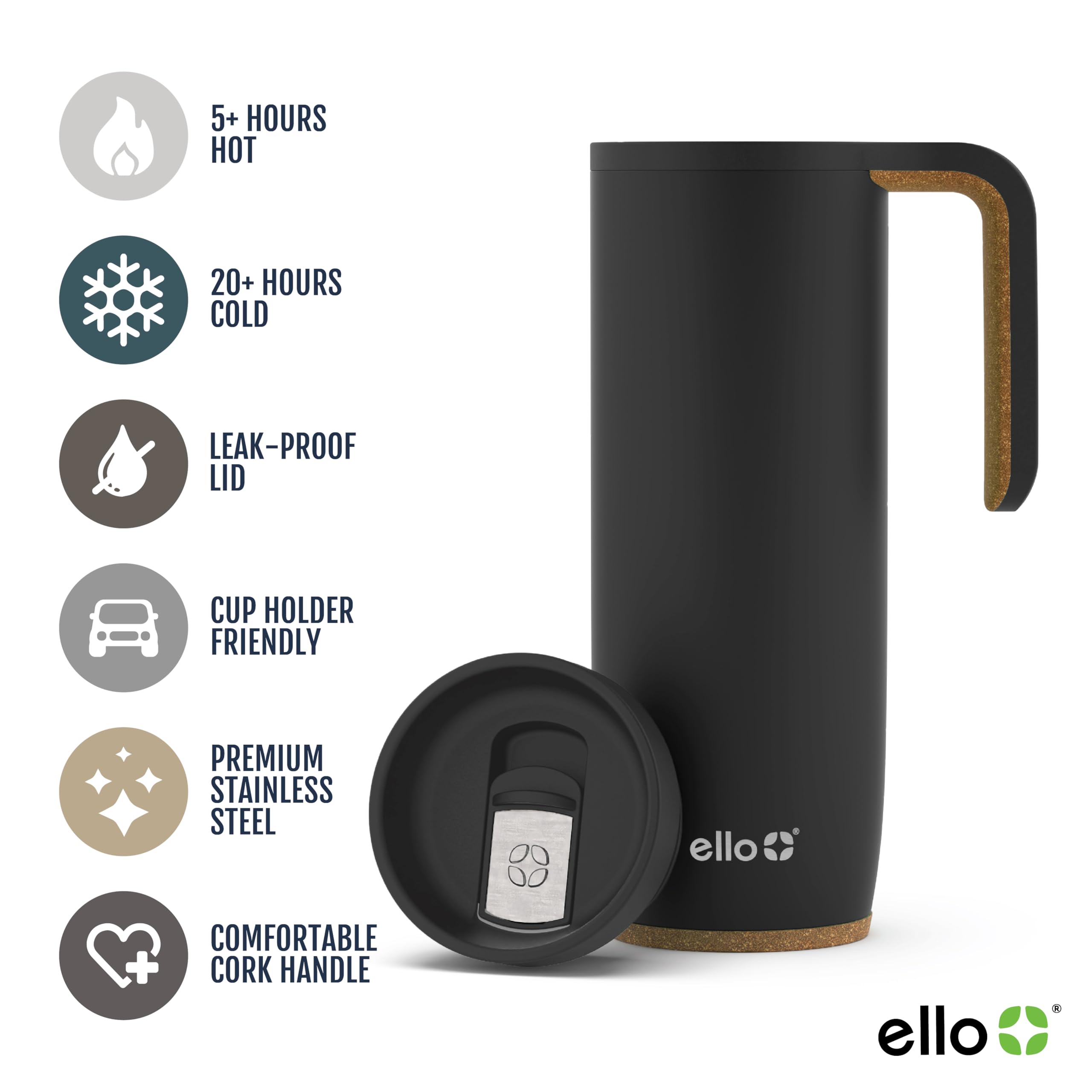 Ello Magnet 18oz Vacuum Insulated Stainless Steel Travel Mug with Side Handle and Leak-Proof Slider Lid and Built-in Coaster, Keeps Hot for 5 Hours