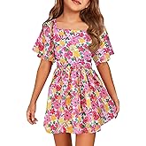 Batermoon Girls Summer Dress Square Neck Short Sleeve Crossover Waist Casual A-line Mini Dress