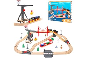 Wdmiya Wooden Train Set for Toddlers, 57 Pcs Wooden Train Track for Kids, Train Toy with Bridge and Tracks (Fits Thomas & Brio), Birthday Trains Gift for 2 3 4 5 6 7 8 Years Old (Harbor)