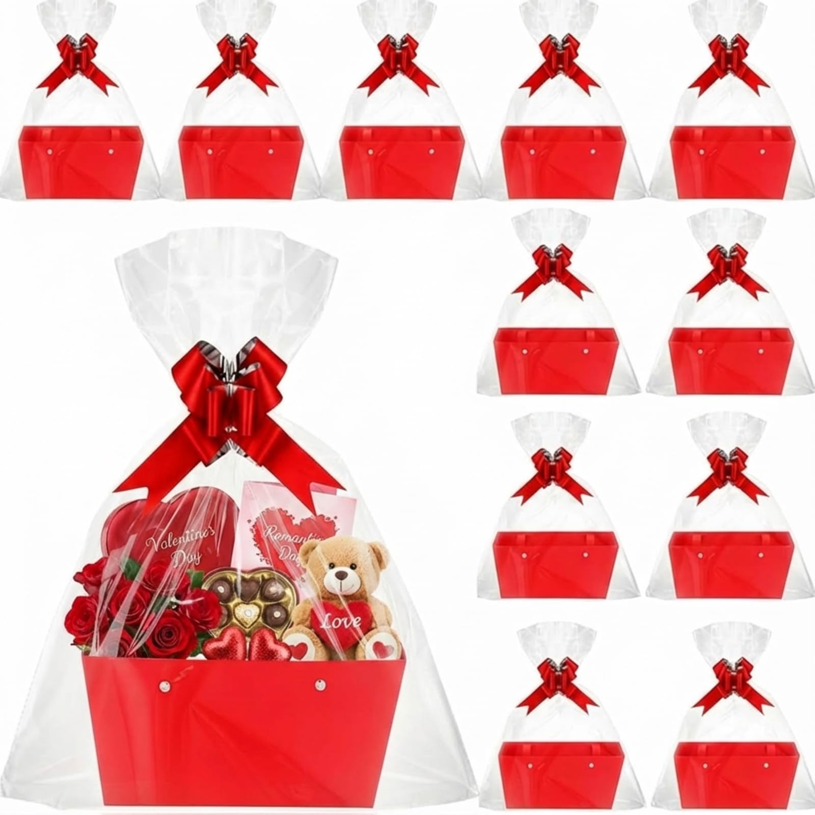 Photo 1 of Colarr 12 Pack Baskets for Gifts Empty Bulk Kraft Empty Gift Basket Kit with Handle Wrap Bag Bow DIY Cardboard Market Tray to Fill for Valentine's Wedding Easter Party, 9.8" x 6.5" x 4.3"(Red)