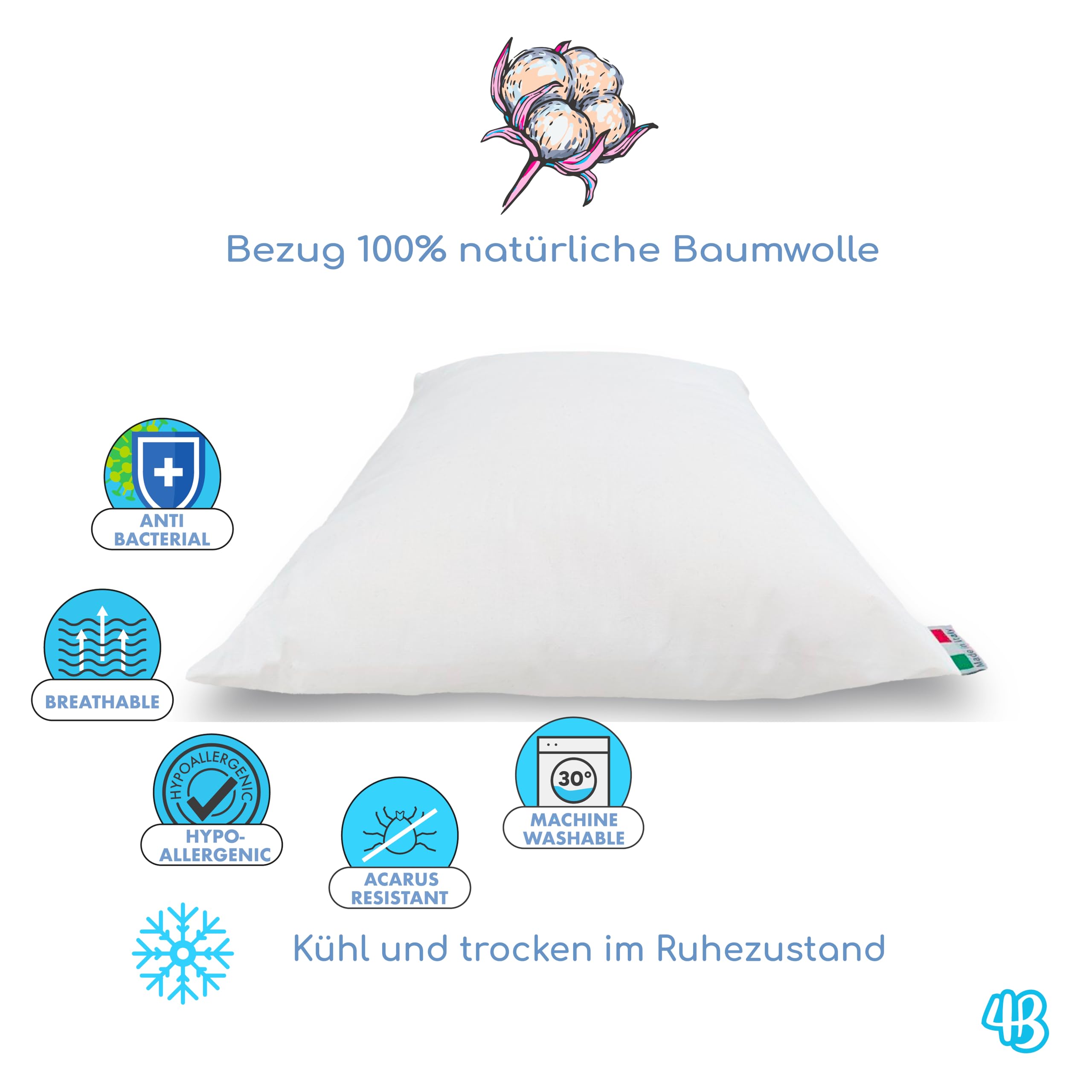 4BABIES - kinderkopfkissen 40x60, Baby Kissen ab 1 Jahr Atmungsaktiv, Antiallergisch mit Futter 100% italienische Baumwolle, Hypoallergen, Milbendicht 5