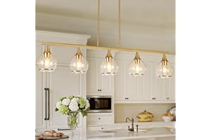 ZOAKLIGHEN Island Light for Kitchen, 5-Light Gold Kitchen Island Linear Hanging Pendant Chandeliers, Brushed Gold Dining Room Light Fixture Over Table with Clear Round Glass Shades