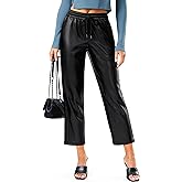 SANTINY Women's Faux Leather Pants High Waisted Straight Leg Cropped Ankle Trousers Vegan Matte Pleather Pants for Women