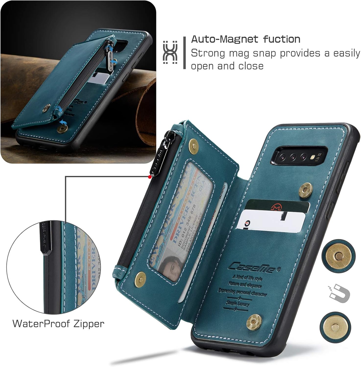 UFinetech 2-in-1 Samsung Galaxy S10e Case Wallet Leather TPU Flip Stand Magnetic Card Holder Waterproof Zipper RFID Blocking Designer Luxury Stylish 2020 Purse Holster Cover for Samsung Galaxy S10e - Image 4