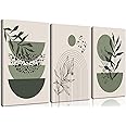 Sage Green Boho Wall Art Set of 3 Abstract Minimalist Geometric Line Poster Green Botanical Leaf Canvas Prints Modern Artwork Painting Decor for Living Room Bedroom Office 12x16 in Framed