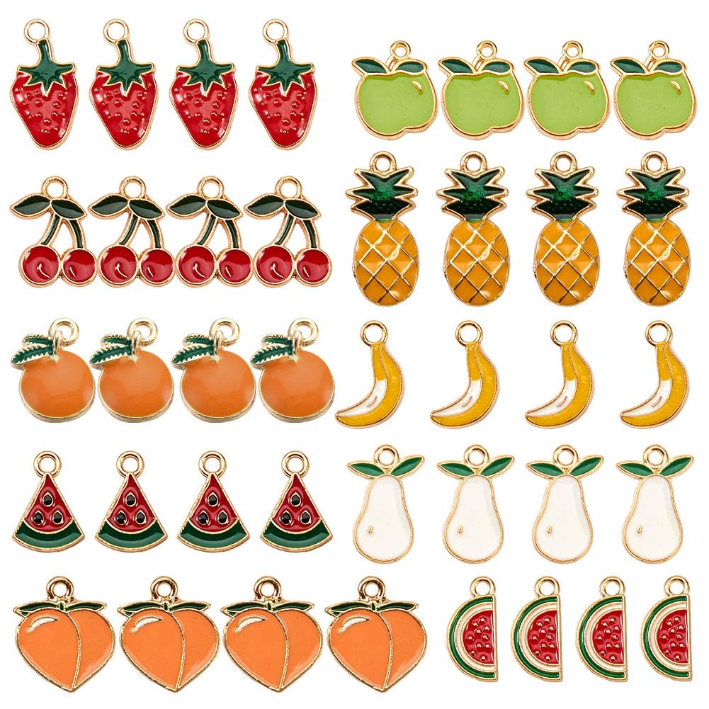 SUNNYCLUE 1 Box 40Pcs Fruit Charm Alloy Enamel Pineapple Strawberry Cherry Apple Pendant for DIY Jewelry Making Necklace Bracelet Earring DIY Jewelry Accessories Charms