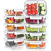 KOMUEE 10 Packs 30oz Glass Meal Prep Containers 2 Compartments,Glass Food Storage Containers with Lids,Airtight Lunch Bento Boxes,Oven,Freezer and Dishwasher Safe, White