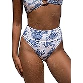 BERLOOK Women's Floral High Cut Wide Waistband Ribbed Tummy Control Coverage Bikini Bottom