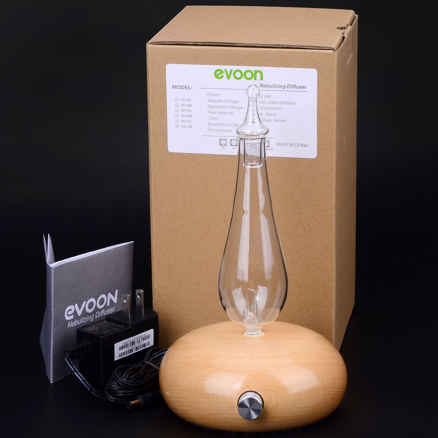 Essential Oil Diffuser, Wood and Glass Aromatherapy Nebulizer with LED Mood Lighting NO Heat