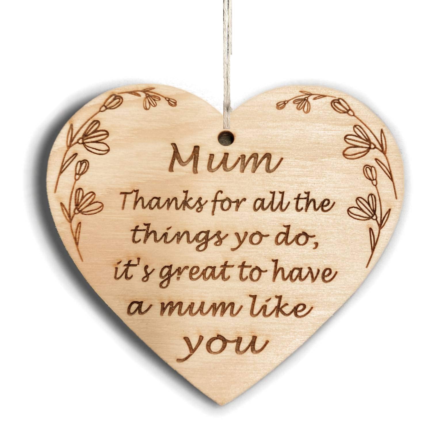 Pet-Jos Mum Wooden Heart Plaque Mother's Day Gift 10 x 10 cm Nature Modern Hanging Heart Sign I Love You Mum Quote